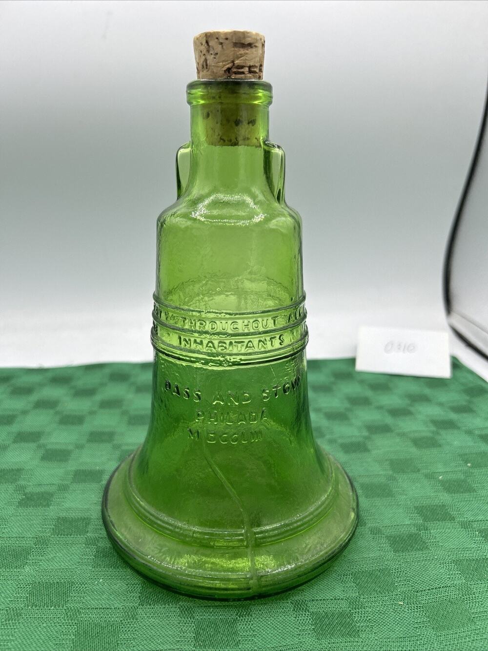 Vintage Wheaton 1970 Green Glass Liberty Bell Decanter With Cork